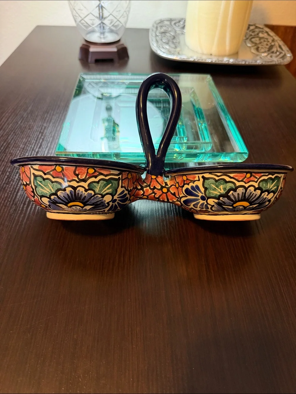 Mexican Talavera Handpainted Double Sided Salsa Bowls With Handle.